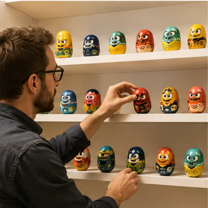 Collector arranging fictional bean toys on display shelves