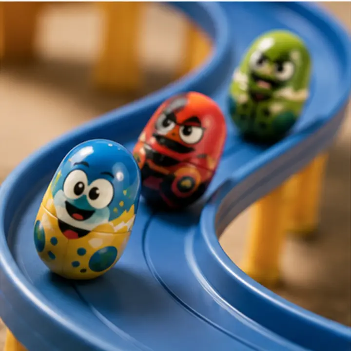 Fictional wobbling bean toys racing on a blue track