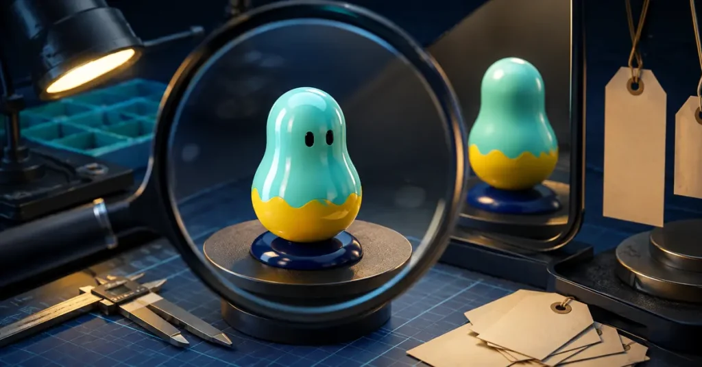 Bean-shaped collectible under a magnifying glass at an identification desk