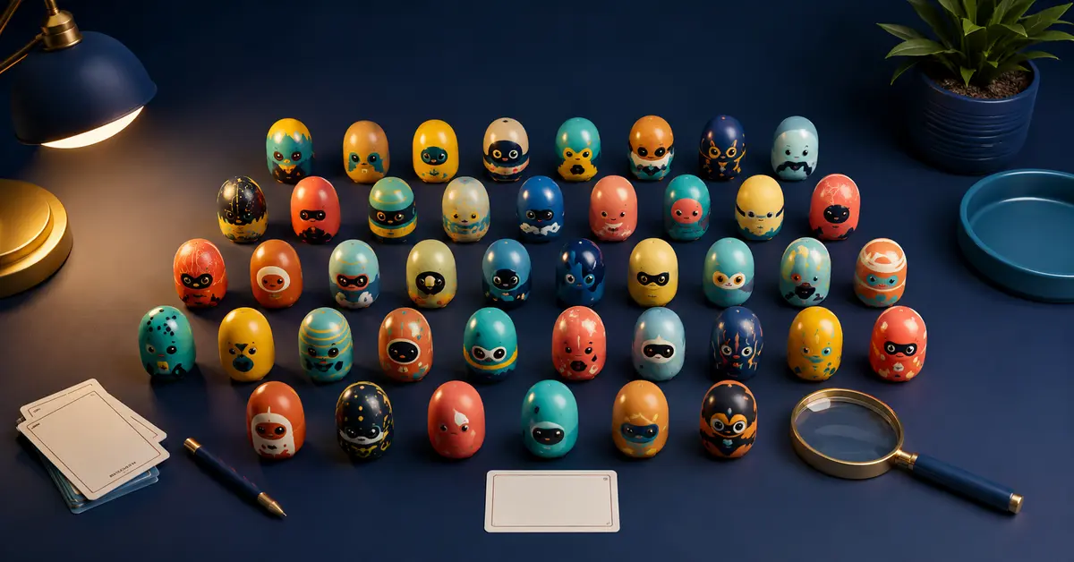 Colorful bean-shaped collectibles organized beside a collector checklist