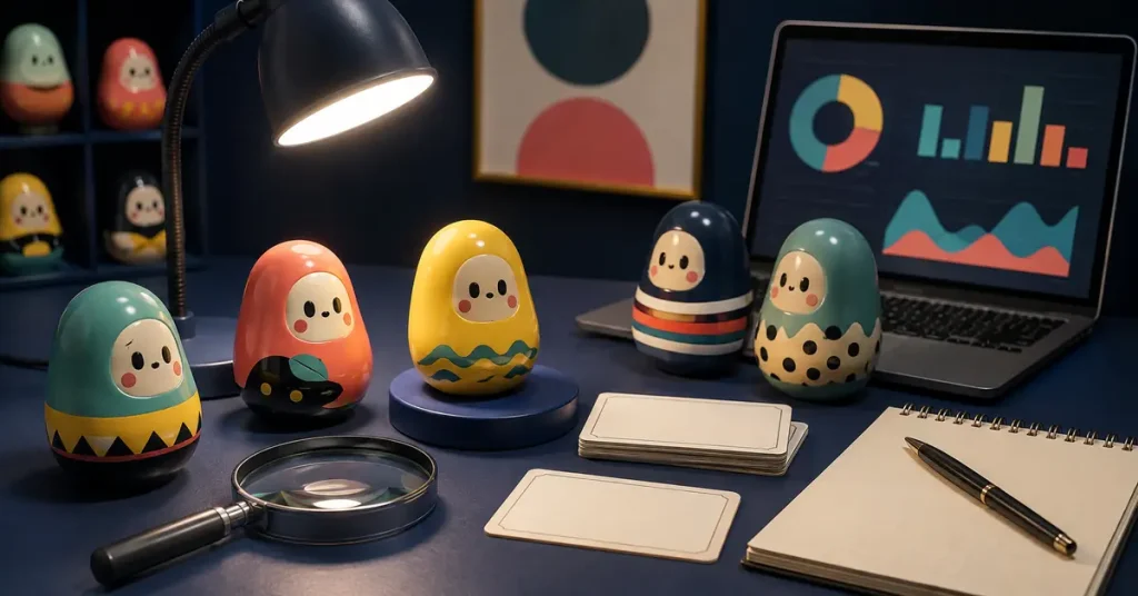 Collector inspecting bean-shaped toys and researching market evidence