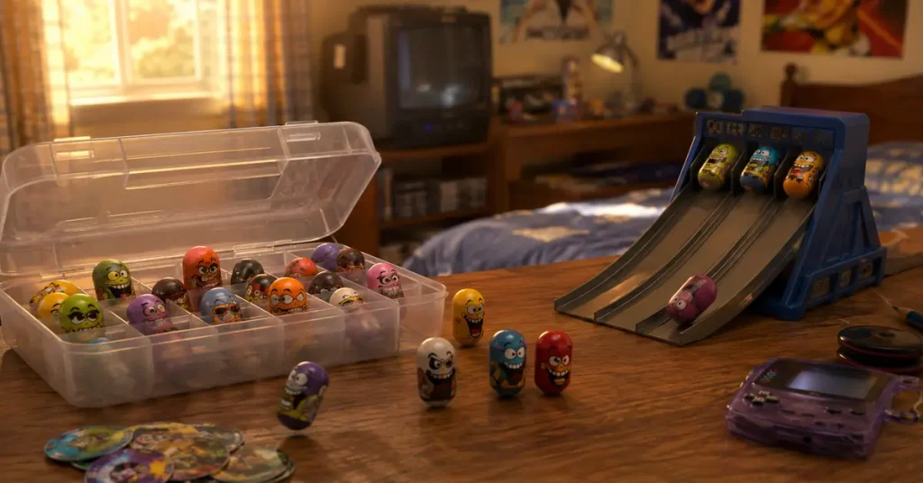 Nostalgic early-2000s collection of bean-shaped wobble toys and race track