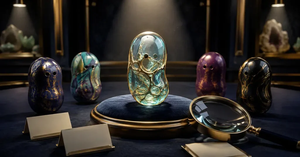 Unusual translucent bean-shaped collectible under a display spotlight